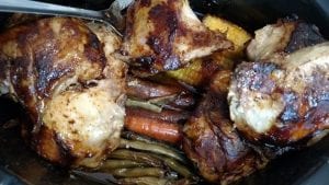 Crock Pot BBQ Chicken Thighs Dinner! Find this & more yumminess @ https://www.slowcookerkitchen.com
