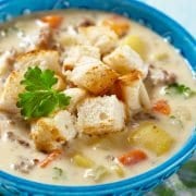 Super easy, kid friendly crock pot cheeseburger soup! With crockpot, skillet, pressure cooker, & freezer friendly directions!