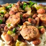 Close up of slow cooker red beans and rice with sausage