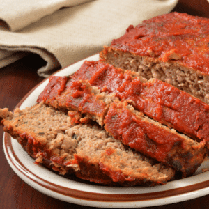 Slices of homemade meatloaf topped with tomato glaze on a white plate.