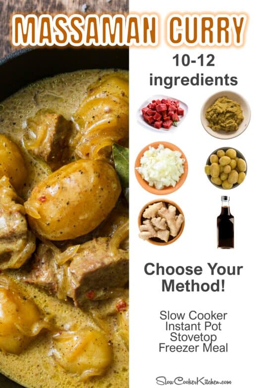 Beef Massaman curry ingredients with slow cooker Instant Pot stovetop and freezer options