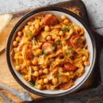 Cabbage soup with smoked sausage, chickpeas and tender cabbage