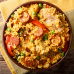 Overhead view of a bowl of Cajun chicken and sausage rice with smoked sausage, chicken, red peppers, and peas.