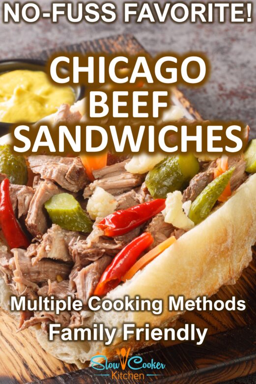 Chicago Italian beef sandwich topped with giardiniera