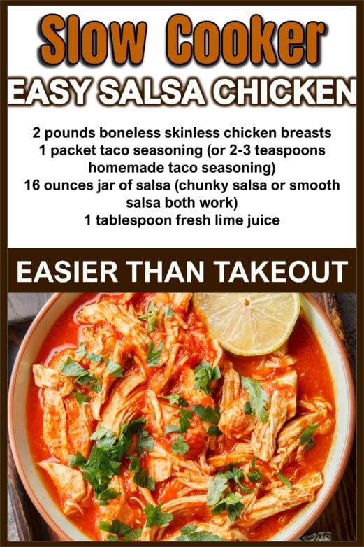 Crock pot salsa chicken recipe with four ingredients and multiple cooking methods