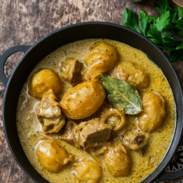 Crock Pot beef Massaman curry with tender beef chunks and potatoes