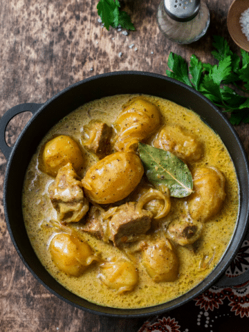 Crock Pot beef Massaman curry with tender beef chunks and potatoes