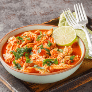 Crock pot salsa chicken with shredded chicken, salsa and fresh lime