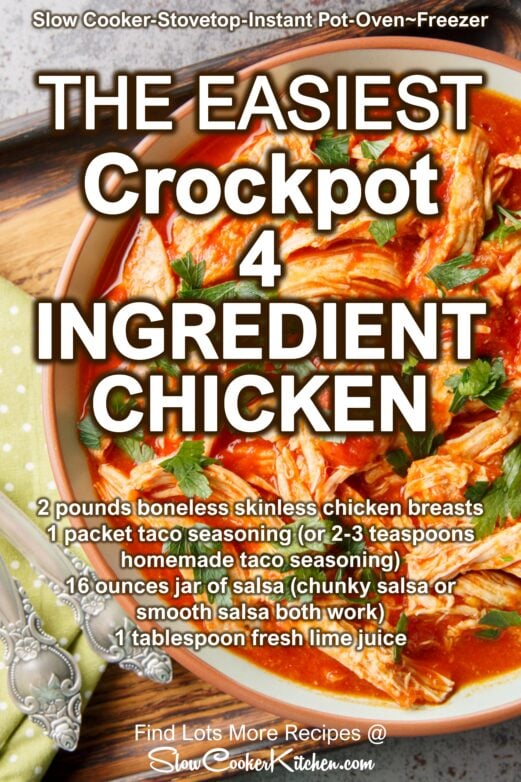 Easy crock pot salsa chicken with tender shredded chicken and salsa