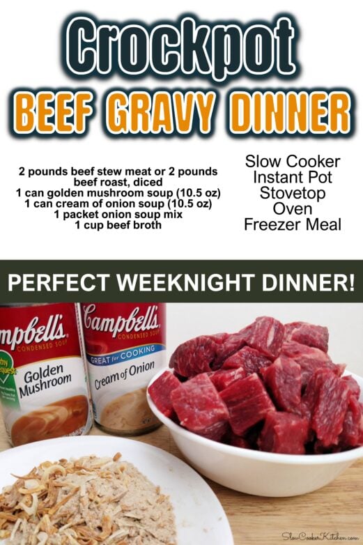 Ingredients for crockpot beef tips and gravy with beef, cream soups, onion soup mix and broth