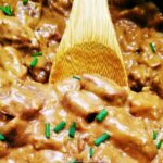 Crockpot beef tips and gravy with tender beef in creamy gravy