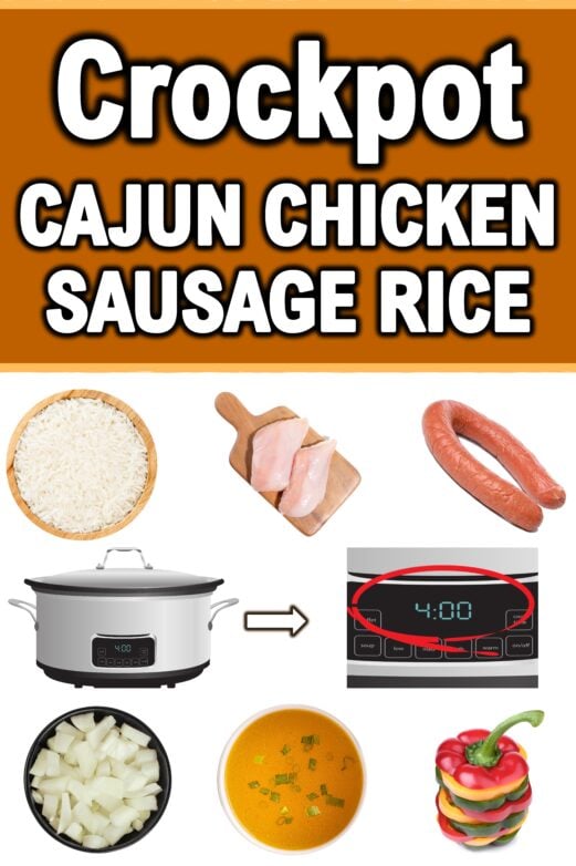 Cajun chicken and sausage rice ingredient graphic showing rice, chicken, smoked sausage, onion, chicken stock, peppers, and a slow cooker.