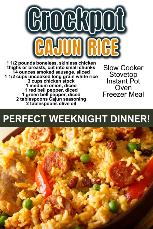 Crockpot Cajun rice recipe graphic with an ingredient list, cooking method options, and a close-up of chicken and sausage rice.