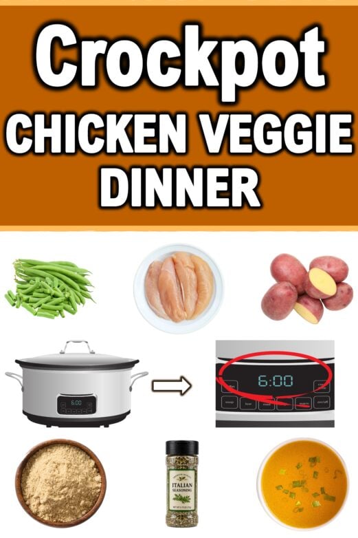 Crockpot chicken and potato dinner ingredients with chicken, green beans, red potatoes, gravy mix, Italian seasoning and broth