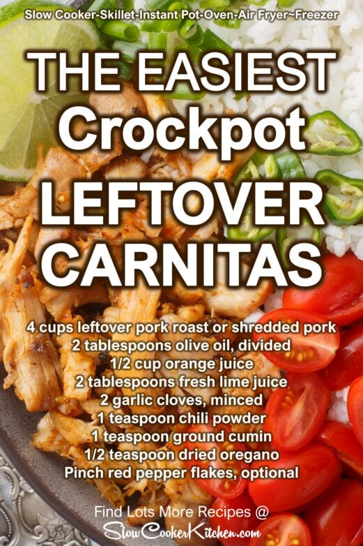 Crockpot leftover pork carnitas recipe with ingredients and cooking methods