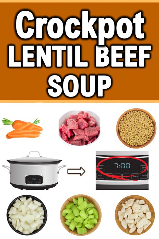 Crockpot lentil beef soup ingredient graphic showing beef, lentils, carrots, onion, celery, garlic, and a slow cooker.