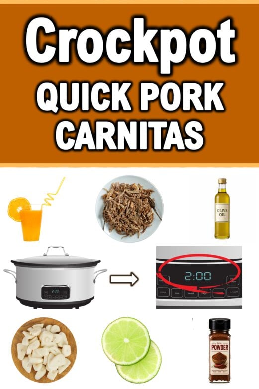 Crockpot pork carnitas graphic with leftover pork, citrus, garlic and spices