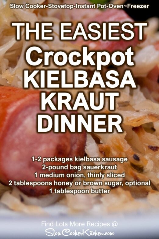 Crockpot sausage kraut dinner with kielbasa, sauerkraut, onion, butter and brown sugar