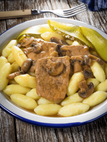 Easy braised pork loin with mushrooms and potato gnocchi