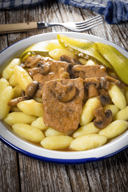 Easy braised pork loin with mushrooms and potato gnocchi