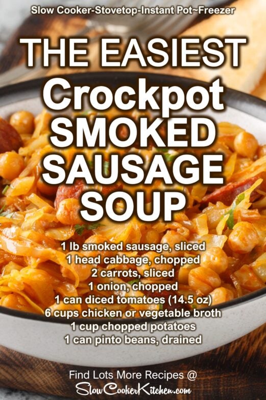 Easy crockpot smoked sausage soup with cabbage and vegetables
