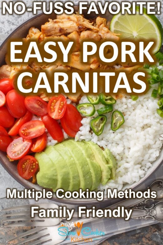 Easy pork carnitas served with rice, tomatoes, avocado and lime