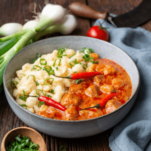 A bowl of creamy pork stew served with dumplings, green onions, and red chili peppers.