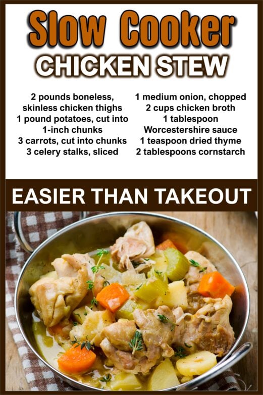 Easy slow cooker chicken fricassee recipe with ingredients and finished chicken stew