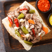 beef sandwich topped with Chicago-style giardiniera