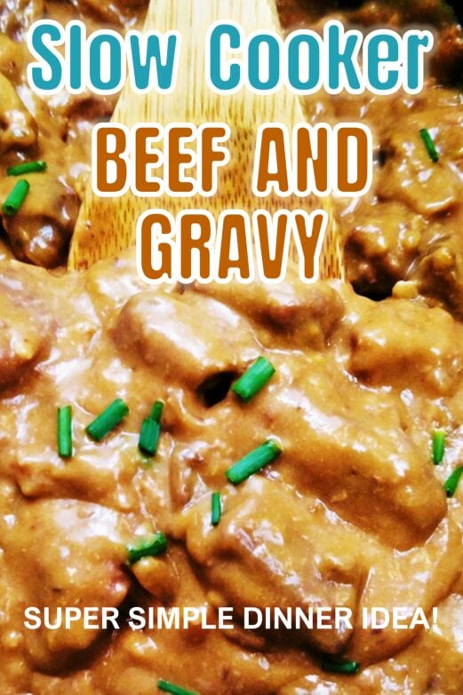 Slow cooker beef and gravy with tender beef tips in rich gravy