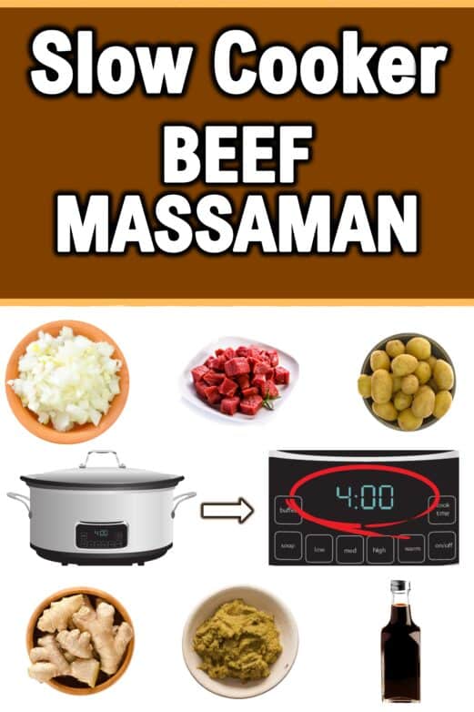 Slow cooker beef Massaman curry with beef potatoes onion curry paste and ginger
