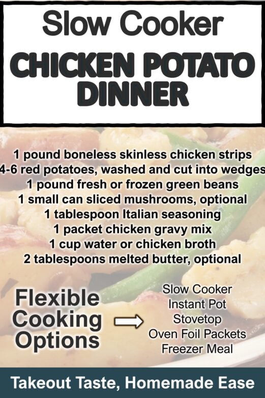 Slow cooker chicken potato dinner with recipe ingredients and flexible cooking options