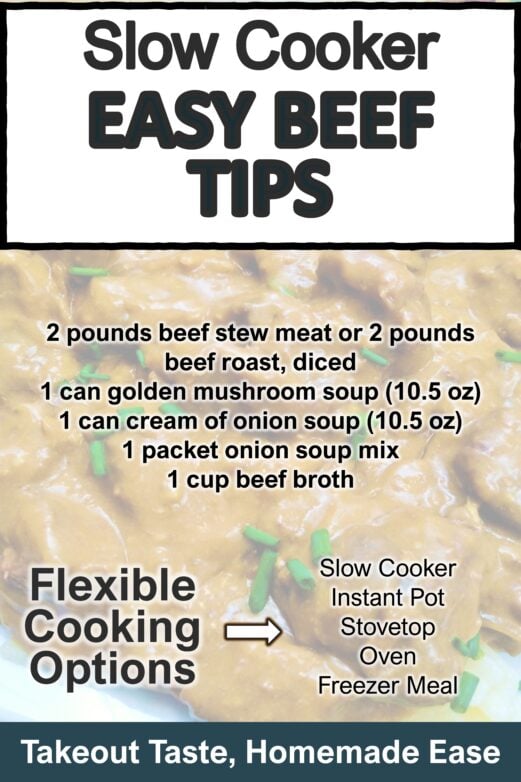 Slow cooker easy beef tips with five ingredients and flexible cooking options