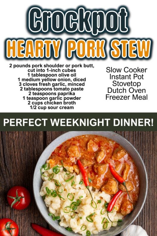 Pork stew recipe graphic with ingredients, cooking instructions, and a photo of the finished dish.