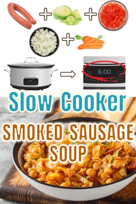 Slow cooker smoked sausage soup with cabbage tomatoes onion and carrots